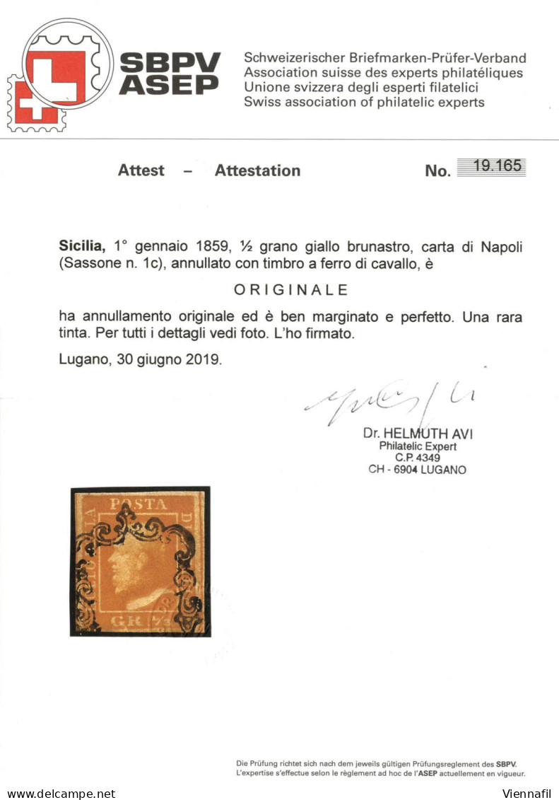 O 1859, ½ Grano Giallo Brunastro, Carta Di Napoli, Nuoni/ampi Margini, Annullato Con Il Bollo "ferro Di Cavallo", Tinta  - Sicily