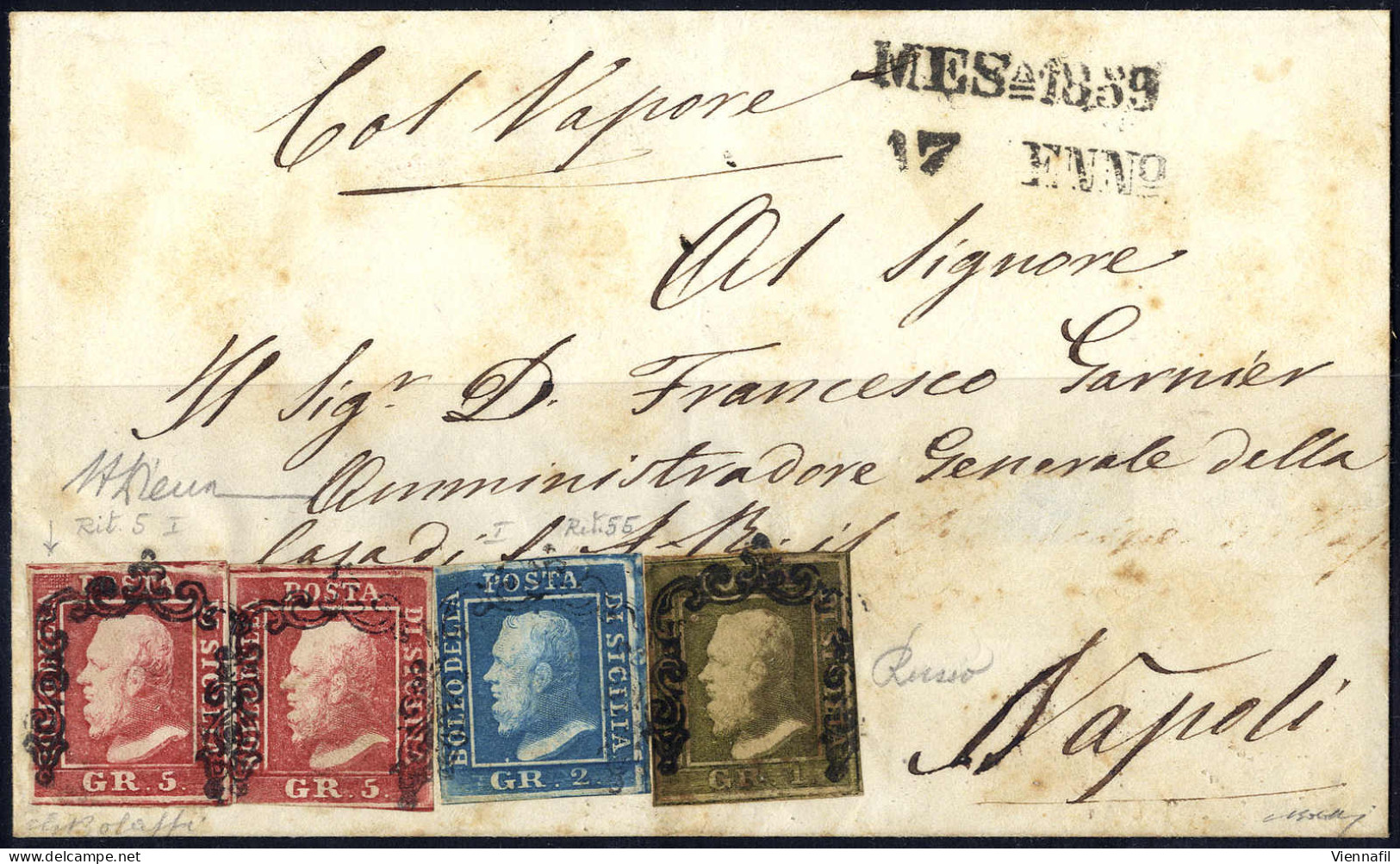 Cover 1859, 1 Gr. Oliva Chiaro + 2 Gr. Azzurro Smorto, Ritocco 55, + Due Esemplari 5 Gr. Rosa Carminio, Il Primo Con Rit - Sicily