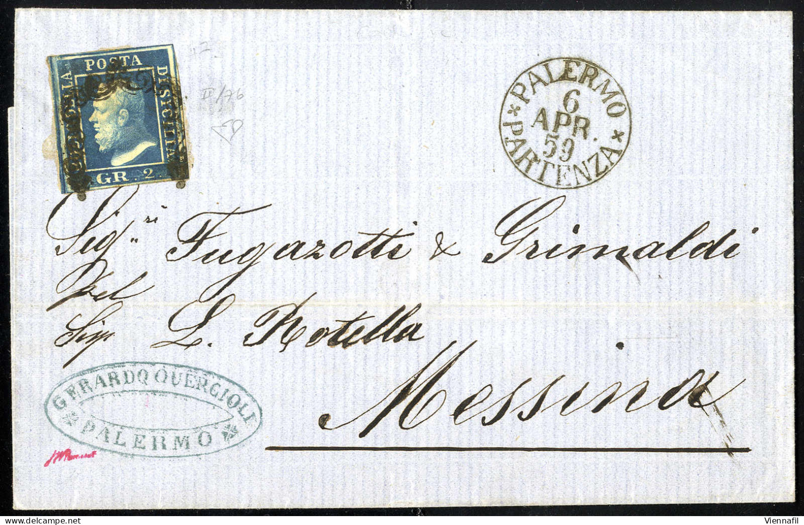 Cover 1859, Lettera Da Palermo Il 6.4 Per Messina, Affrancata Con 2 Grana Cobalto Scuro II Tavola, Certificato Enzo Dien - Sicilië