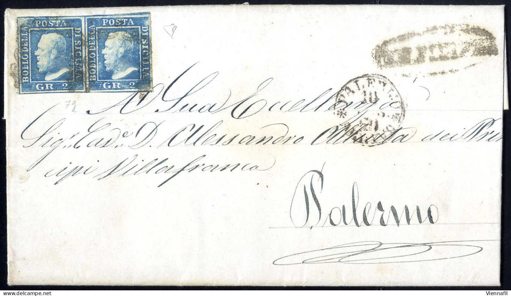 Cover 1859, Lettera Del 8.2.60 Per Palermo Affrancata Con Coppia 2 Gr. Azzurro Chiaro II Tavola, Carta Di Palermo, Firma - Sicilië