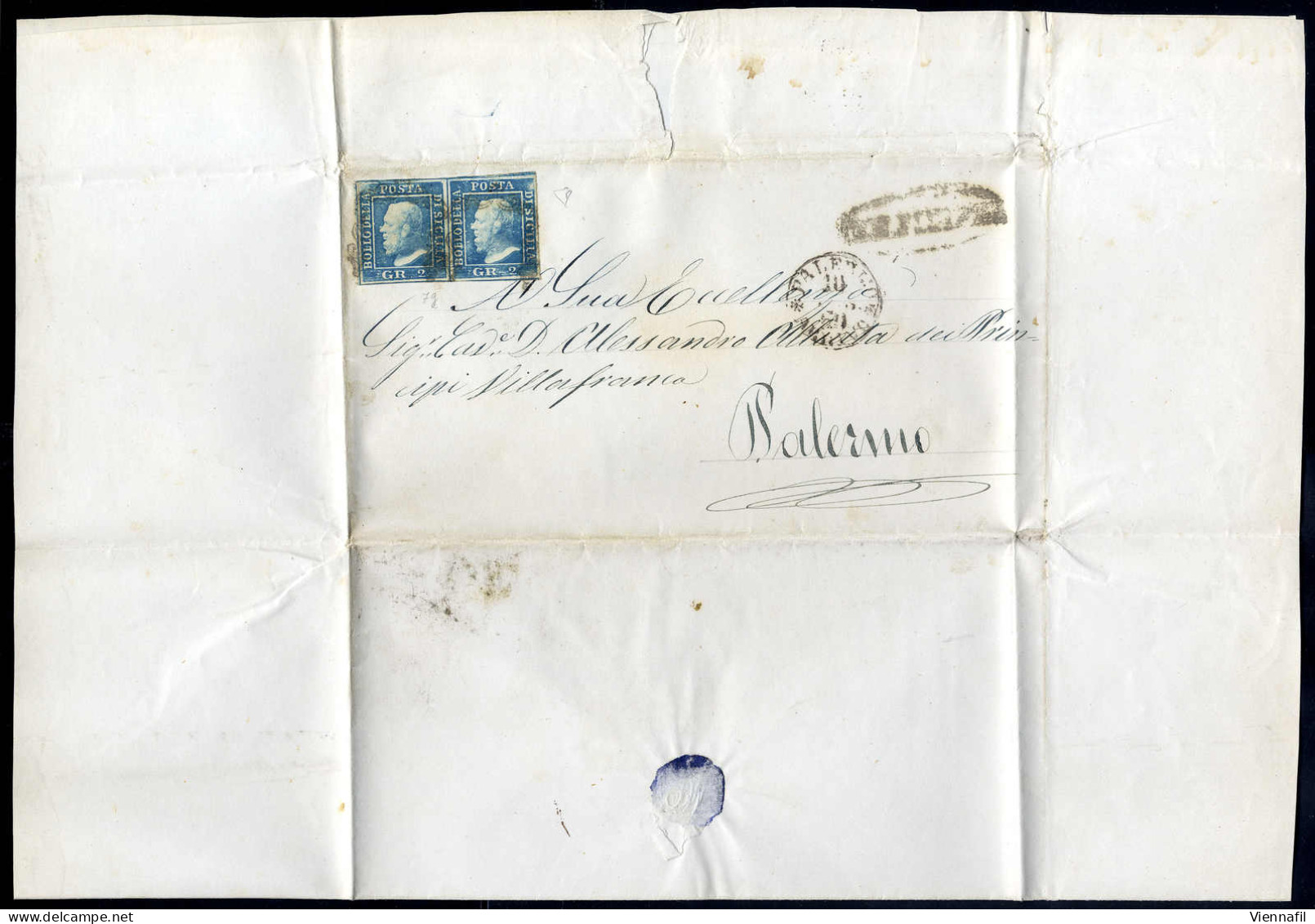 Cover 1859, Lettera Del 8.2.60 Per Palermo Affrancata Con Coppia 2 Gr. Azzurro Chiaro II Tavola, Carta Di Palermo, Firma - Sizilien