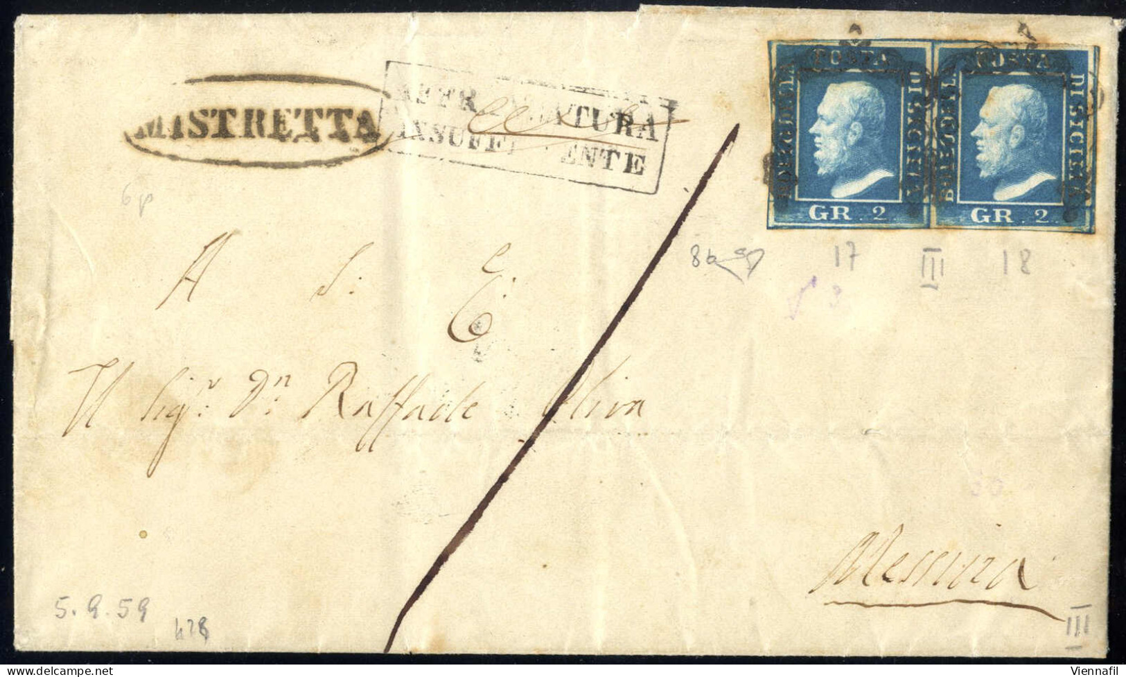 Cover 1859, Lettera Del 5.9.1859 Da Mistretta A Messina, Affrancata Con Una Coppia Orizzontale Del 2 Grana Azzurro Verda - Sicile