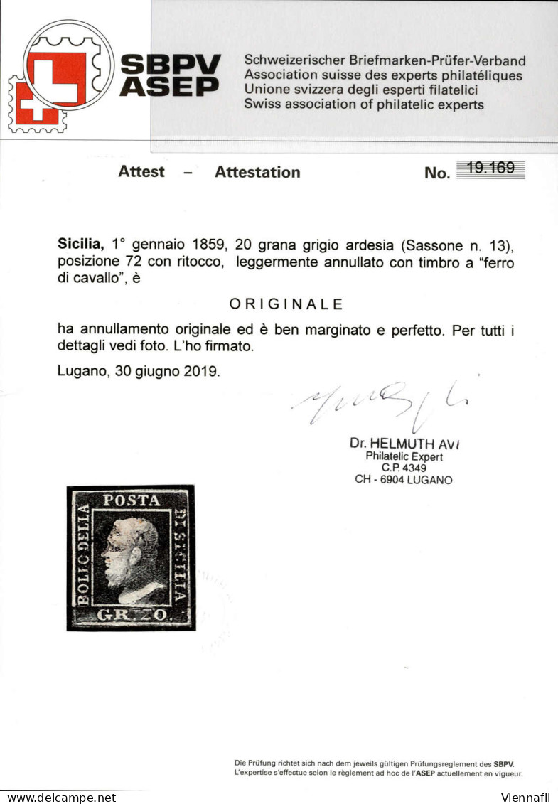 O 1859, 20 Grana Grigio Ardesia, Pos. 72 Con Ritocco, Ben Marginato E Leggermente Annullato Con Il Bollo "ferro Di Caval - Sicily