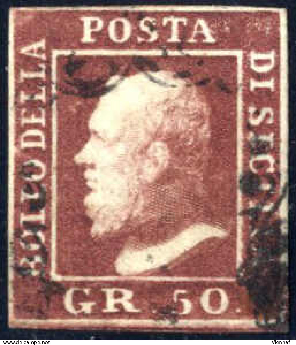 O 1859, 50 Grana Lacca Bruno, Ben Marginato E Annullato Con Il Bollo "ferro Di Cavallo" Che Lascia Libera L'effigie Del  - Sicile