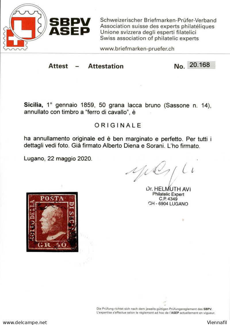 O 1859, 50 Grana Lacca Bruno, Ben Marginato E Annullato Con Il Bollo "ferro Di Cavallo" Che Lascia Libera L'effigie Del  - Sicilië