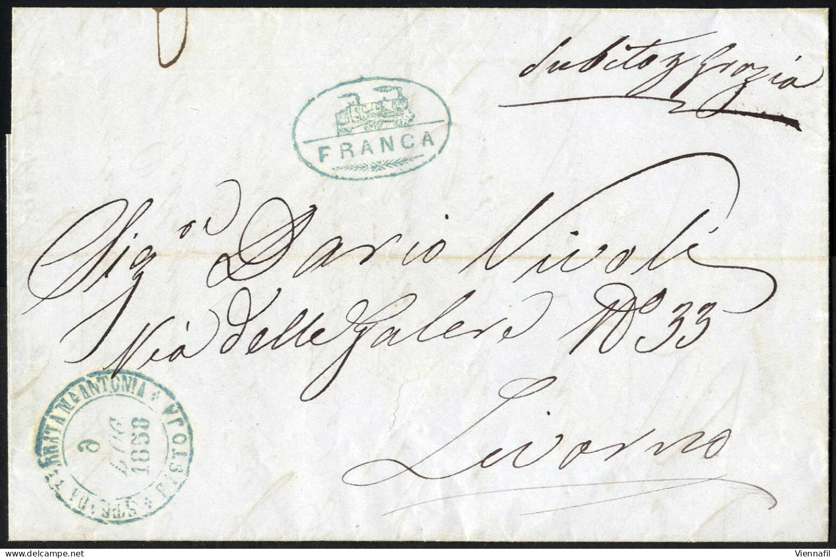 Cover 1858, STRADA FERRATA MARIA ANTONIA: Lettera Del 6.7.1858 Da Pistoja A Livorno, Timbro C2 "STRADA FERRATA M.A ANTON - Toscana