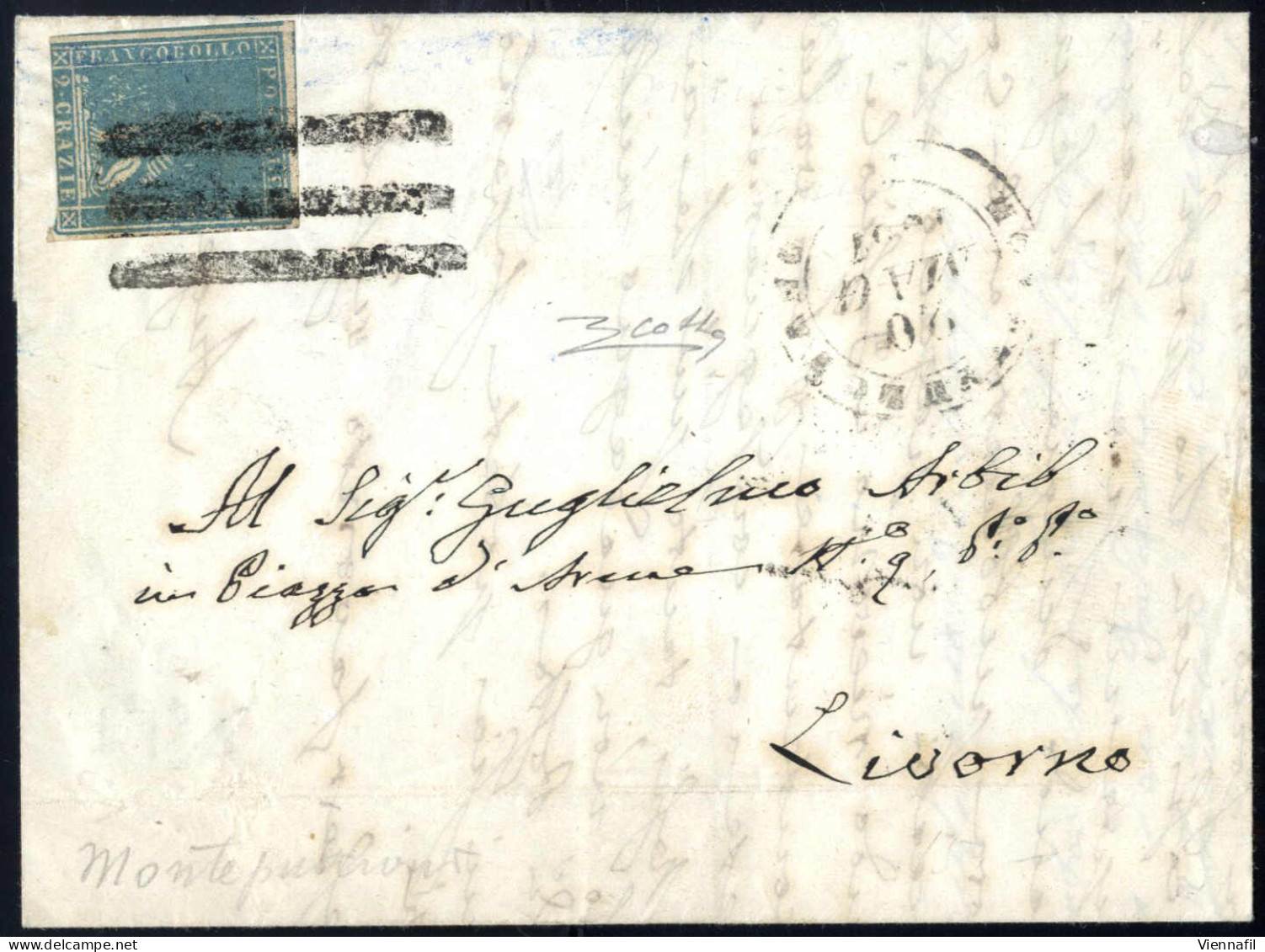 Cover 1857, Lettera Del 20. Maggio 1857 Da Montepulciano A Livorno, Affrancata Con 2 Crazie Azzurro Dell'emissione Del 1 - Toskana