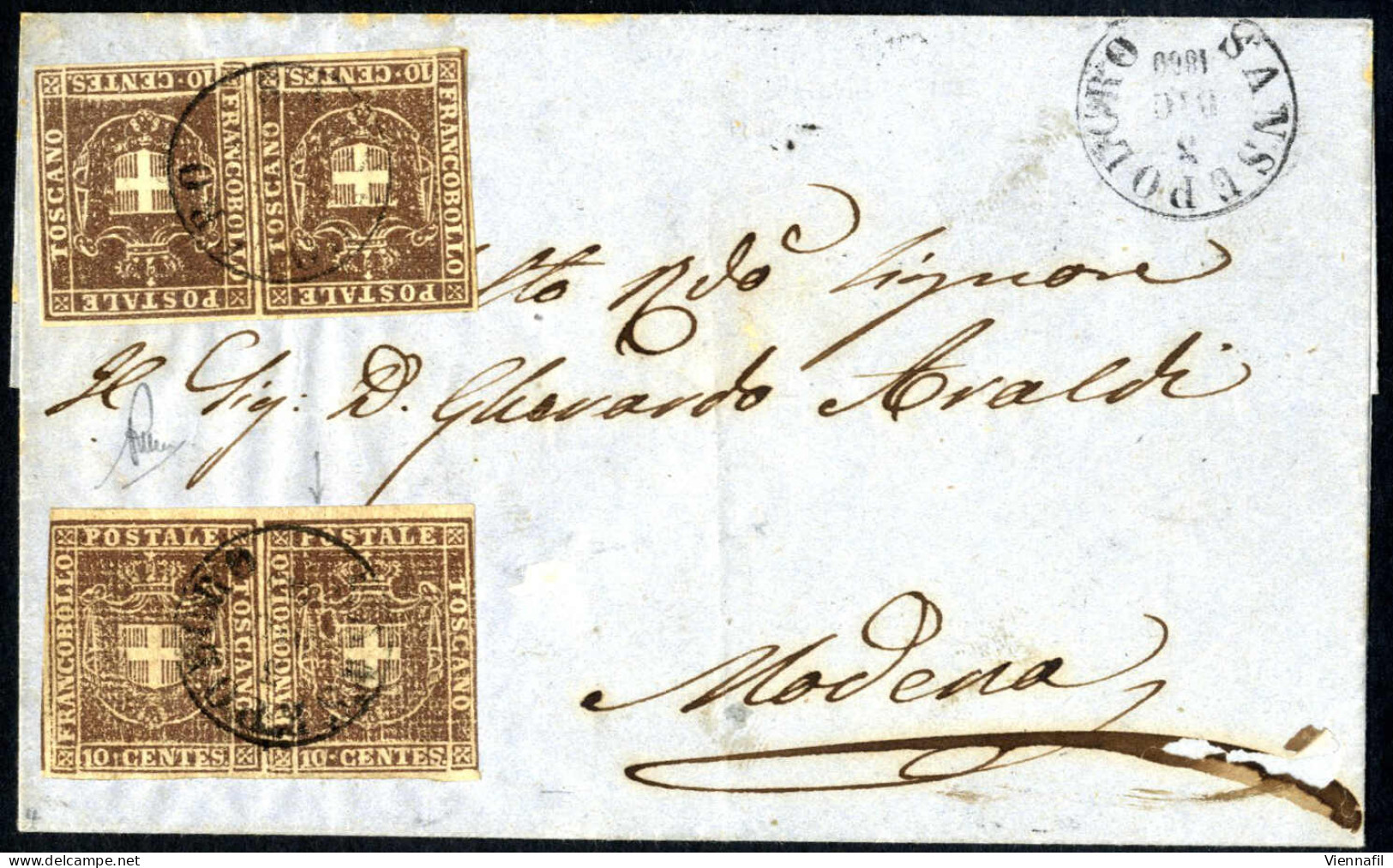 Cover 1860, Lettera Del 3.12.1860 Da San Sepolcro A Modena, Affrancata Con Due Coppie Orizzontali Del 10 Cent. Bruno Del - Toskana