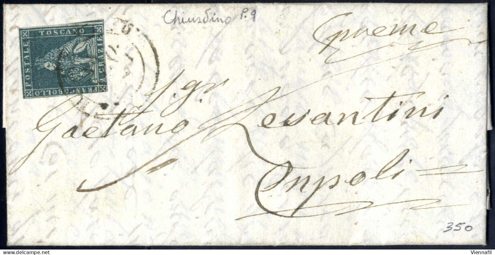 Cover "Chiusdino", SI (Punti 10) Auf "Leone Mediceo" 2 Cr. Azzurro Su Grigio Filigrana 1 Il 18.8.1857 Per Empoli, Sass.  - Toskana