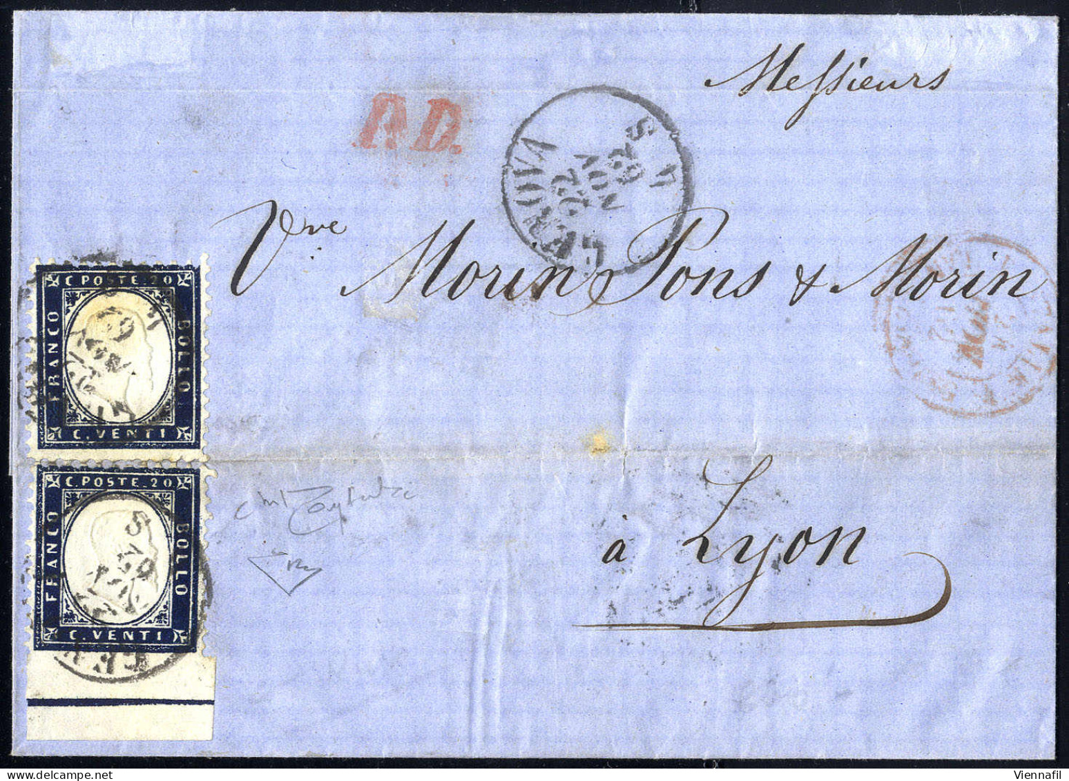 Cover 1862, Lettera Da Genova Il 22.11 Per Lyon (Francia) Affrancata Con Due 20 C. Indaco Dei Quali Uno è Non Dentellato - Andere & Zonder Classificatie