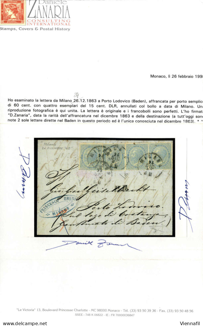 Cover 1843, Lettera Del 24.12.1863 Da Milano A Porto Ludovico (Ludwigsburg), Großherzogtum Baden, Affrancata Per Il Port - Autres & Non Classés