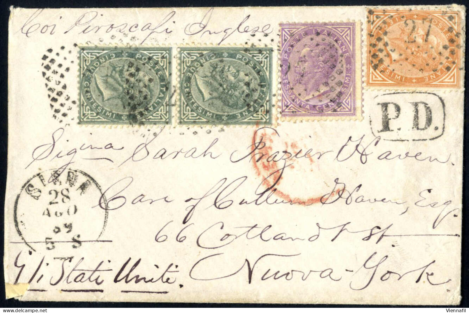 Cover 1869/77, Tre Lettere Dall'Italia Per New York: 1) Del 28.8.1869 Da Siena Affrancata Con VE II 5 C. Grigio Verde Co - Sonstige & Ohne Zuordnung