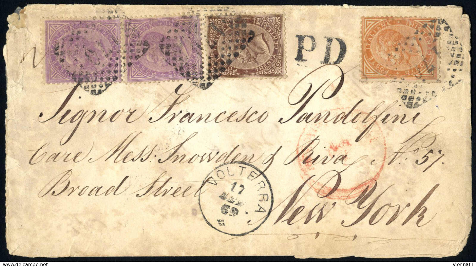 Cover 1869/77, Tre Lettere Dall'Italia Per New York: 1) Del 28.8.1869 Da Siena Affrancata Con VE II 5 C. Grigio Verde Co - Andere & Zonder Classificatie