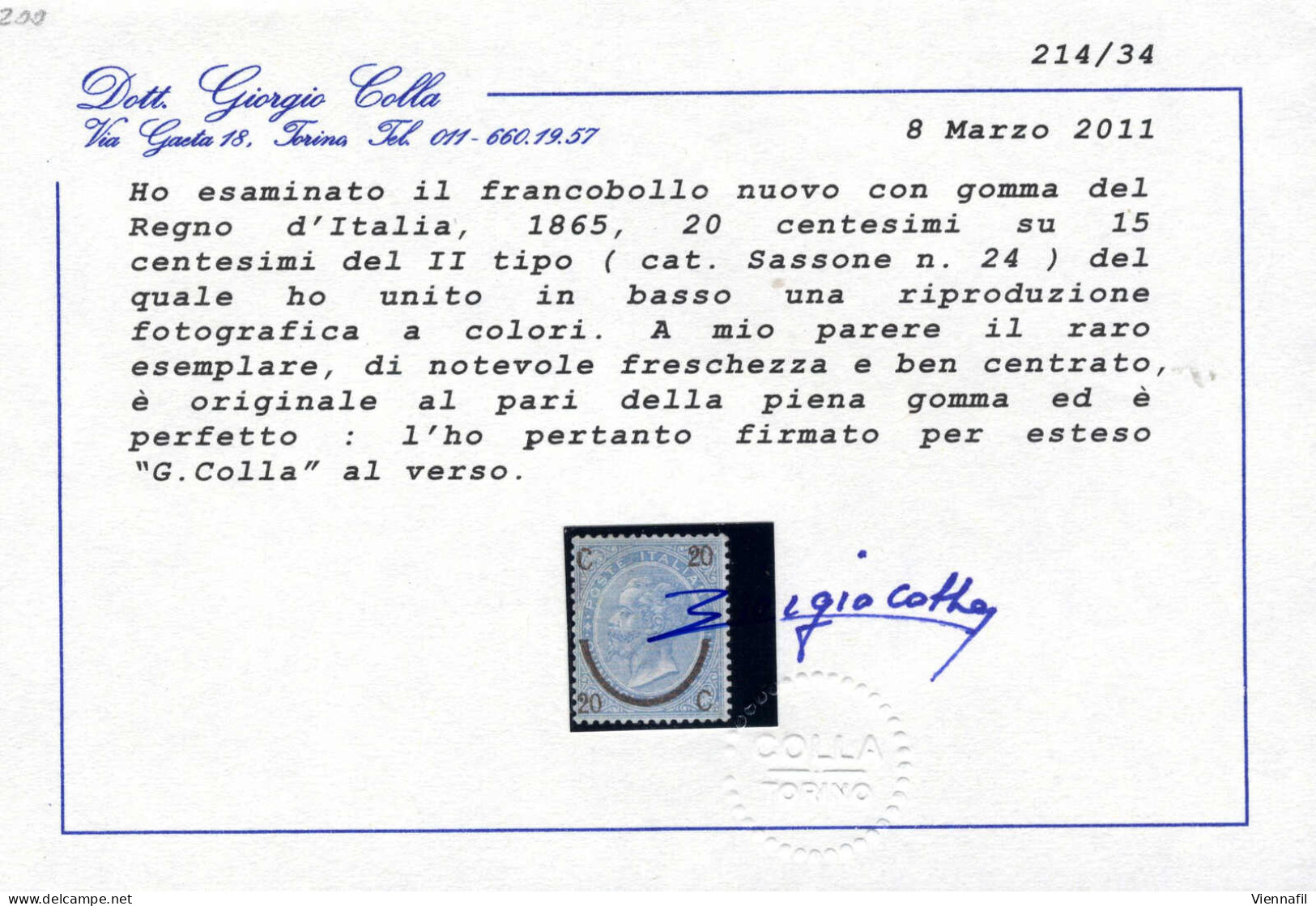 * 1865, 20 Cent. Su 15 Cent. Azzurro, II Tipo, Nuovo Con Piena Gomma Originale (quasi Integra), Molto Ben Centrato E Mol - Autres & Non Classés