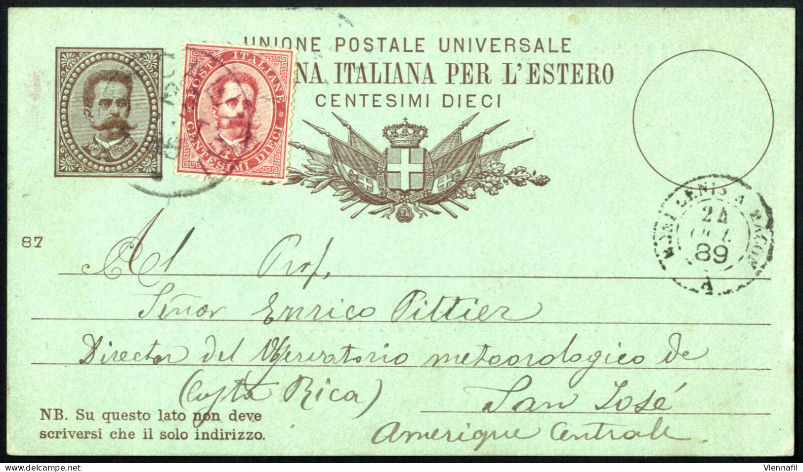 Cover 1889, Cartolina Postale Per L'estero (vignetta Umberto I) Cent. 10, Mill. 87, Con Affrancatura Complementare Umber - Autres & Non Classés