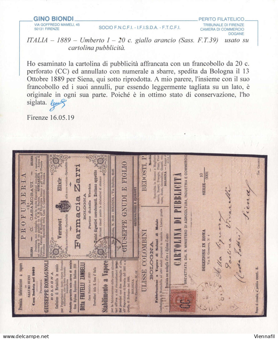 Cover 1889, Cartolina Di Pubblicità Del 13.10.1889 Da Bologna A Siena, Affrancata Con Un Francobollo Da 20 C. Arancio Pe - Andere & Zonder Classificatie