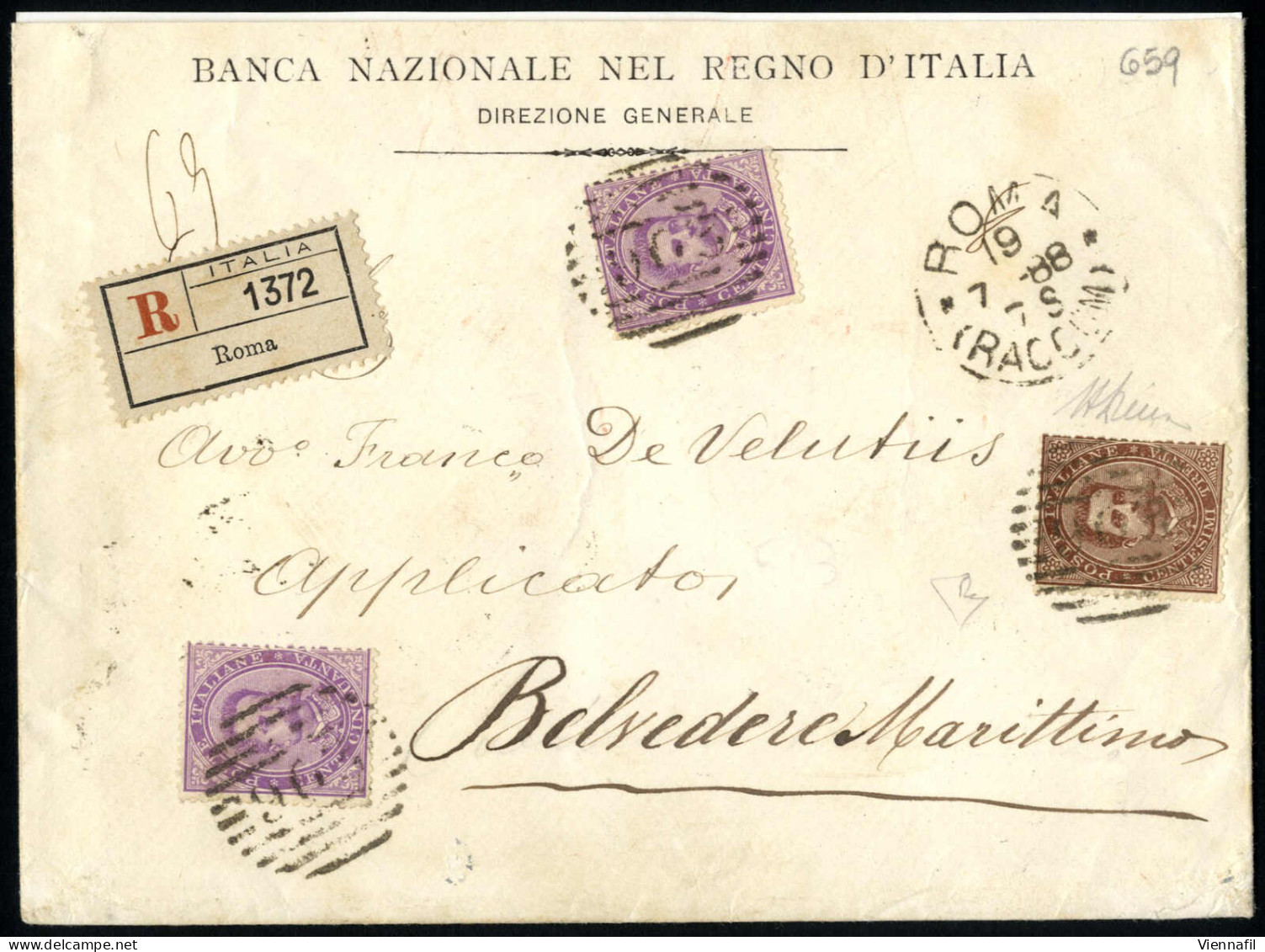 Cover 1888, Raccomandata Del 19.7.1888 Sa Roma A Belvedere Marittimo, Affrancata Per Lire 1,30 Con Umberto I 30 Cent. Br - Other & Unclassified