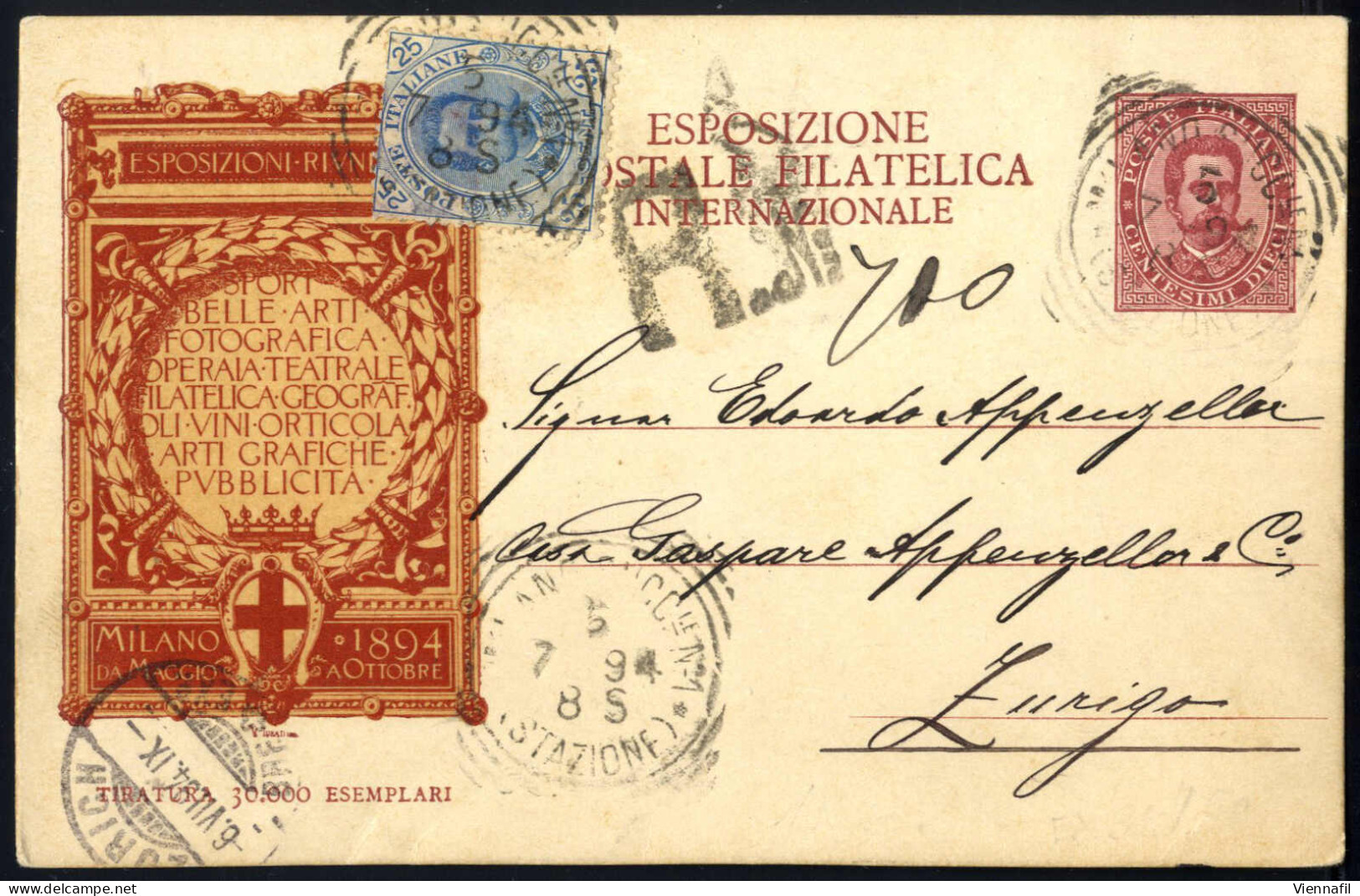 Cover 1894, Cartolina Della Prima Esposizione Postale Filatelica Internationale A Milano Col Manifesto In Colore Rosso,  - Andere & Zonder Classificatie