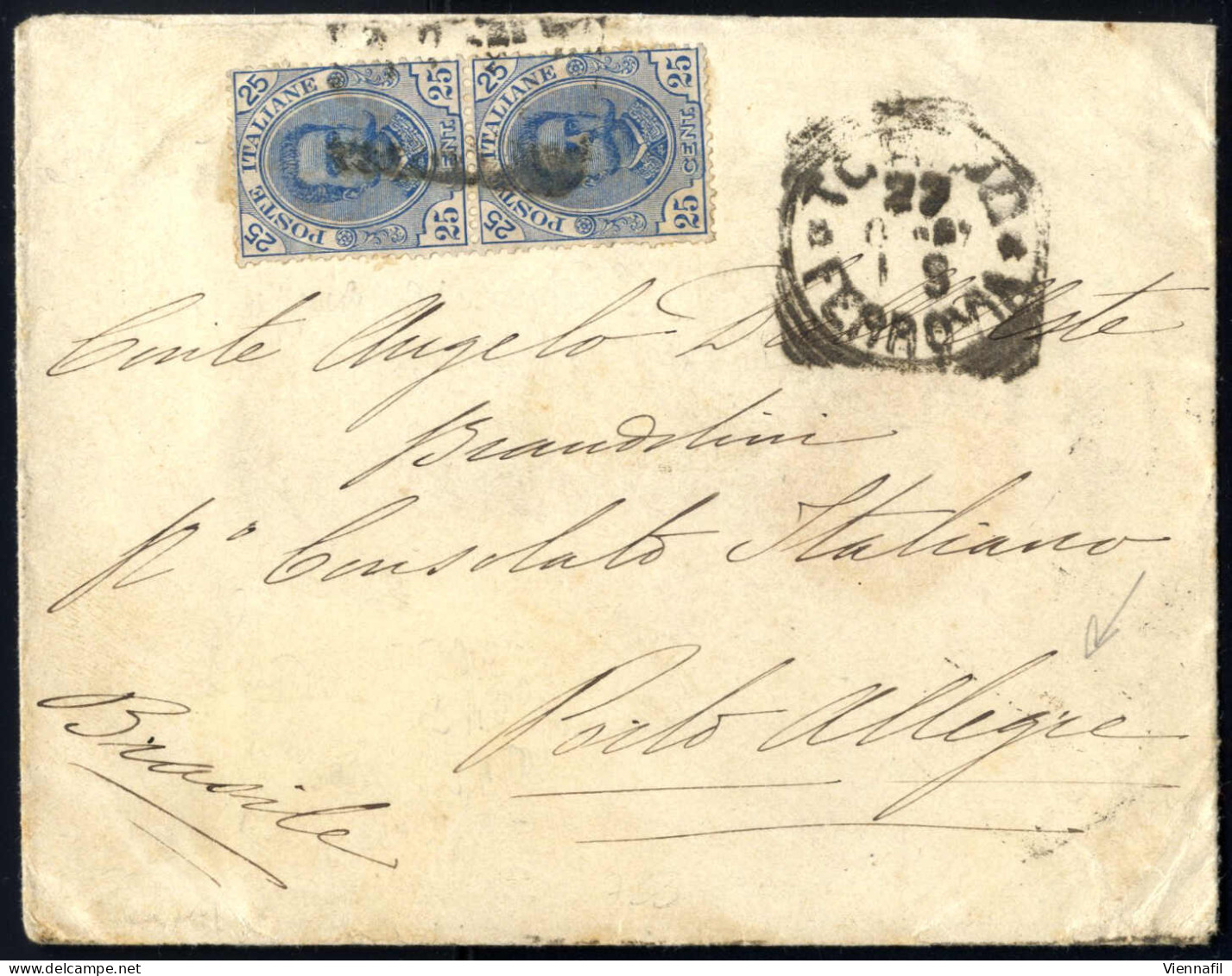 Cover 1897, Lettera Del 27.10.1897 Da Genova A Porto Allegre (Brasile), Affrancata Con Umberto I 25 C. Azzurro Coppia Ve - Autres & Non Classés