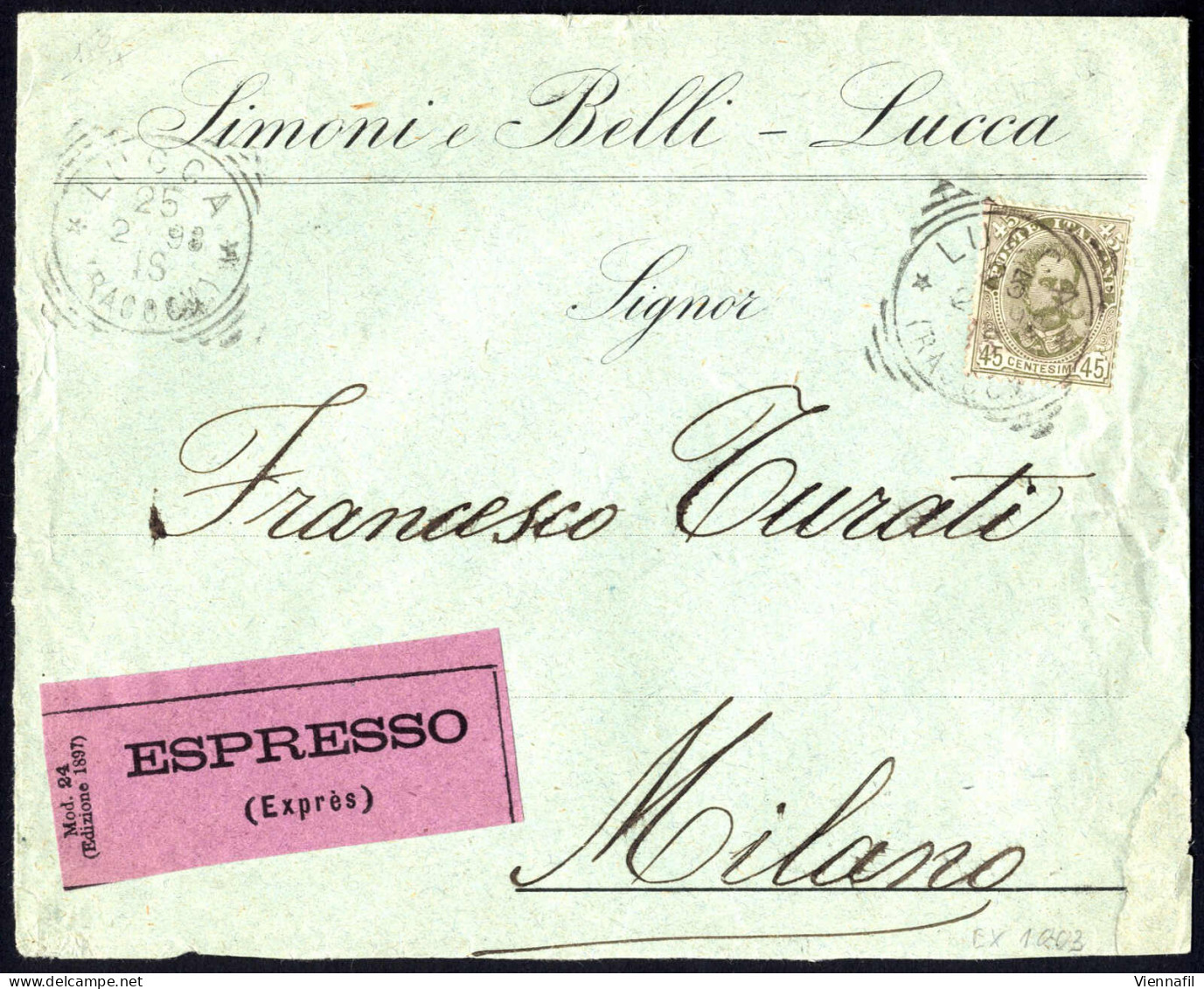 Cover 1898-1900, Lotto Di Due Lettere Ed Una Cartolina Espresso, Del 25.2.1898 Da Lucca A Milano Affrancata Con Umberto  - Other & Unclassified