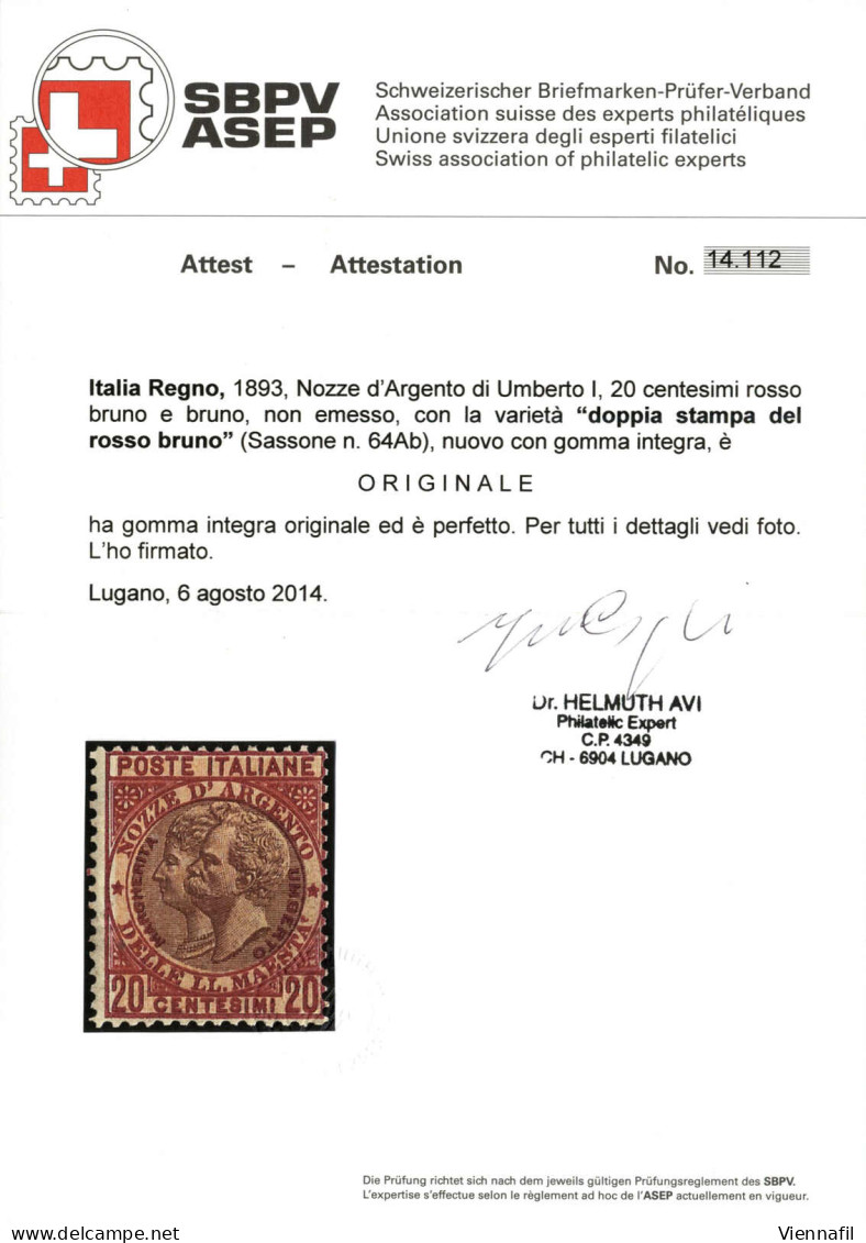 ** 1893, Nozze D'Argento Di Umverto I, 20 Cent. Rosso Bruno E Bruno, NON EMESSO, Con La Varietà "doppia Stampa Del Rosso - Other & Unclassified