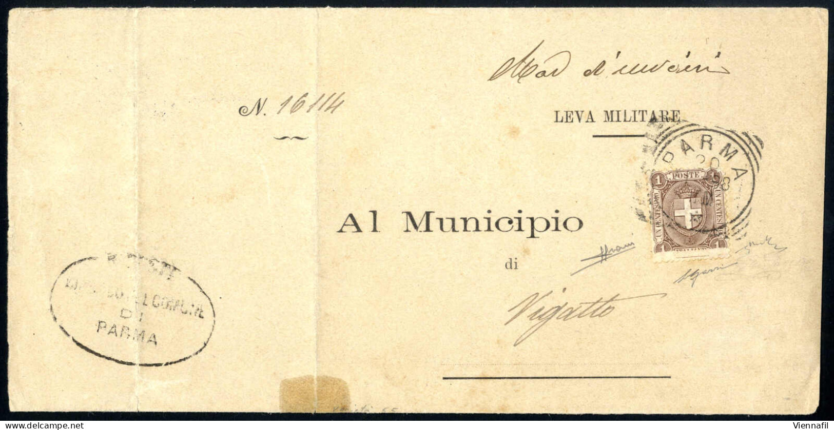 Cover 1898, Lettera Municipale Del 20.1.1898 Da Parma Al Municipio Di Vigatto, Affrancata Con "stemma Di Savoia"1 Cent.  - Autres & Non Classés