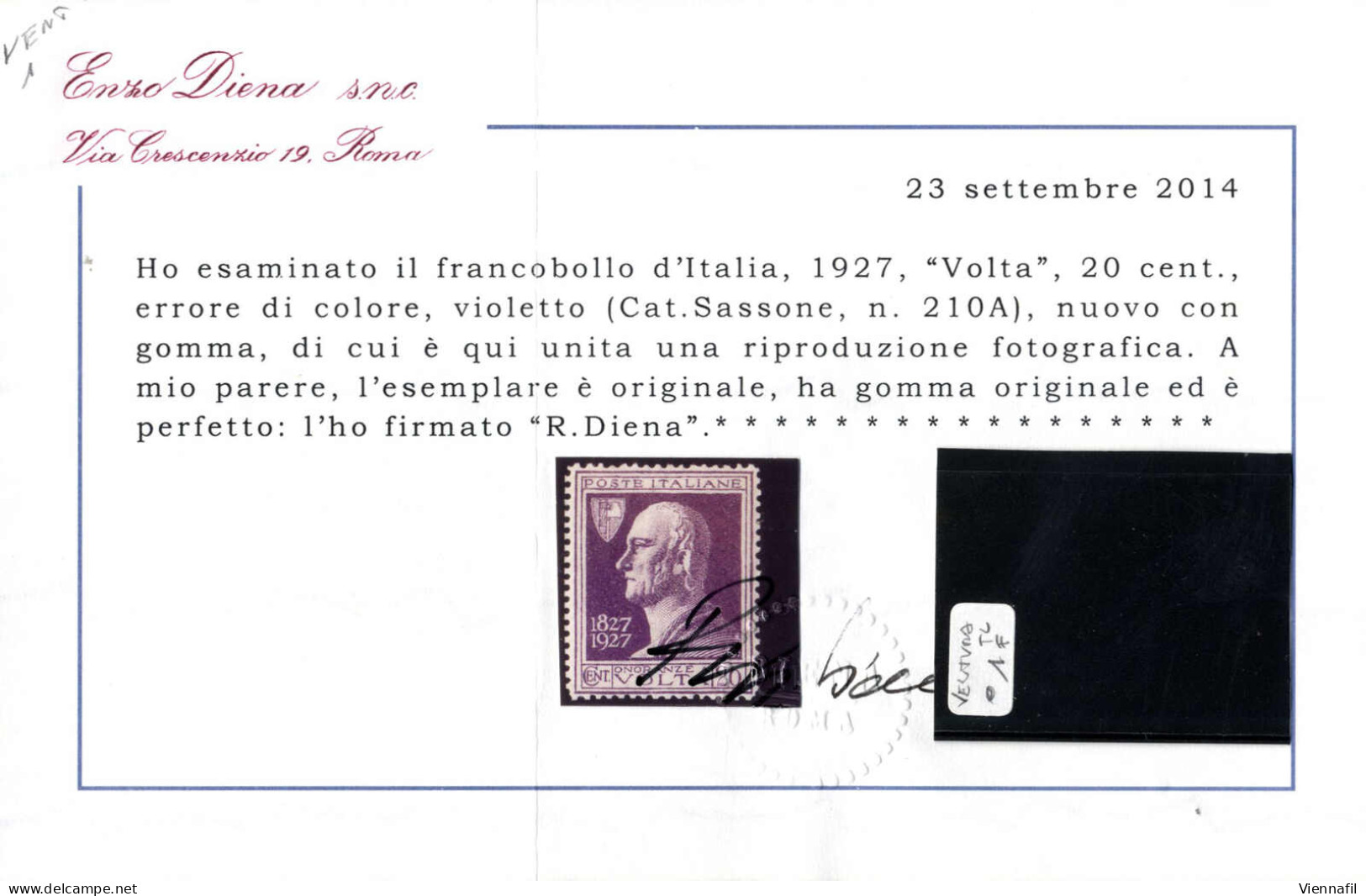 * 1927, "Volta" 20 Cent. Errore Di Colore: Violetto Anzichè Carminio, Nuovo Con Gomma Originale E Traccia Di Linguella,  - Other & Unclassified