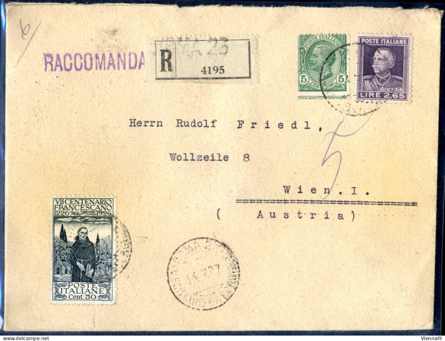 Cover 1927, Raccomandata (scritta Da Emilio Diena) Del 14.7.1927 Da Roma A Wien (Austria), Affrancata Con 5 C. Verde + 2 - Other & Unclassified