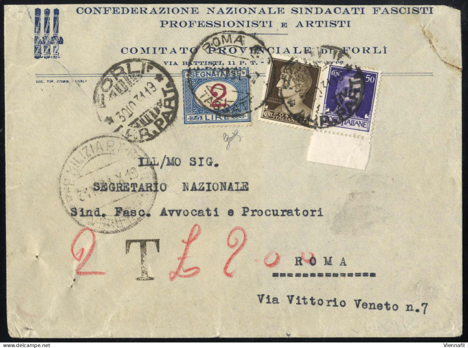 Cover 1931, Lettera Del 30.10.1931 Da Forlì A Roma, Affrancata In Tariffa Stampe Con Imperiale 10 C. + 50 C., Erroneamen - Andere & Zonder Classificatie