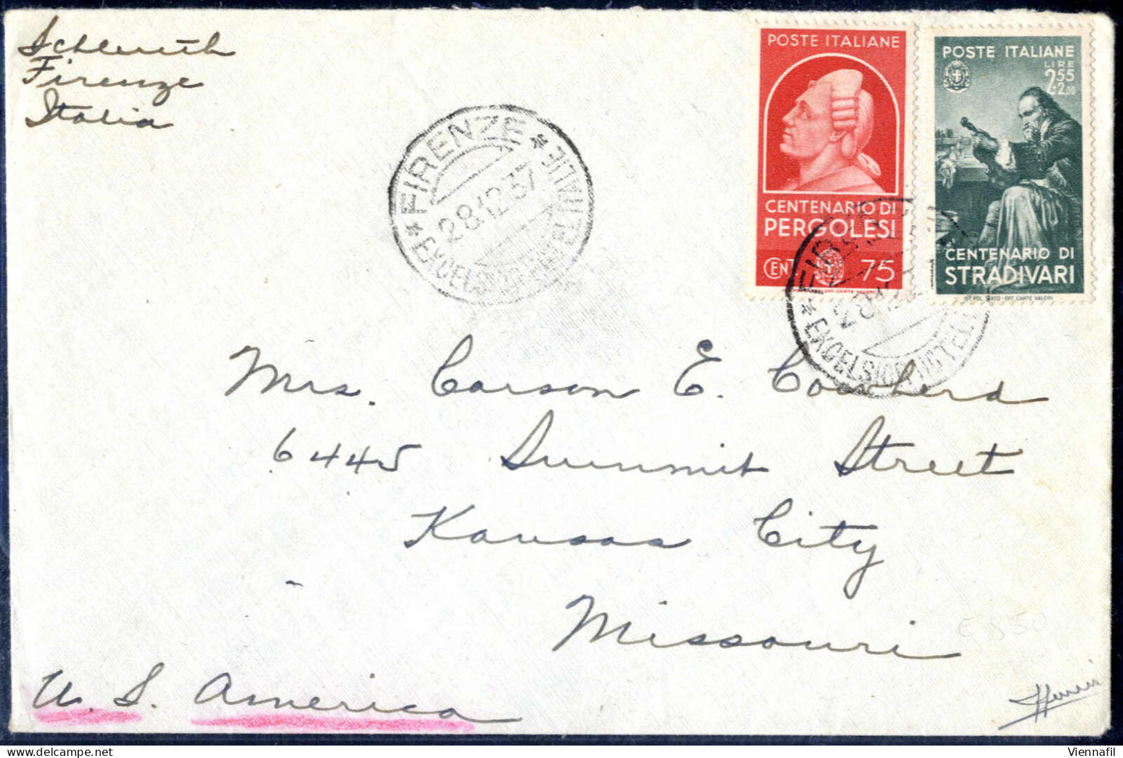 Cover 1937, Uomini Illustri, Lettera Da Firenze Il 28.12 Per Cansas City (USA) Affrancata Con 75 C E 2,55 + 2 L., Firma  - Altri & Non Classificati