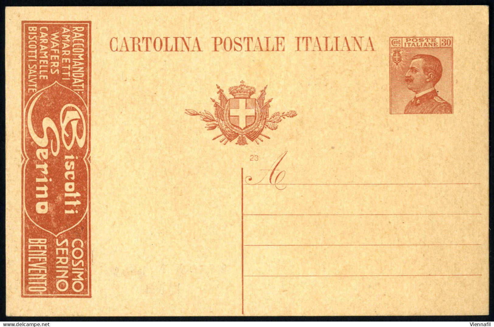 Cover 1923, Cartolina Postale Pubblicitaria 30 Cent. Arancio "Biscotti Serino", Nuova , Ottimamente Conservata, Rara In  - Otros & Sin Clasificación