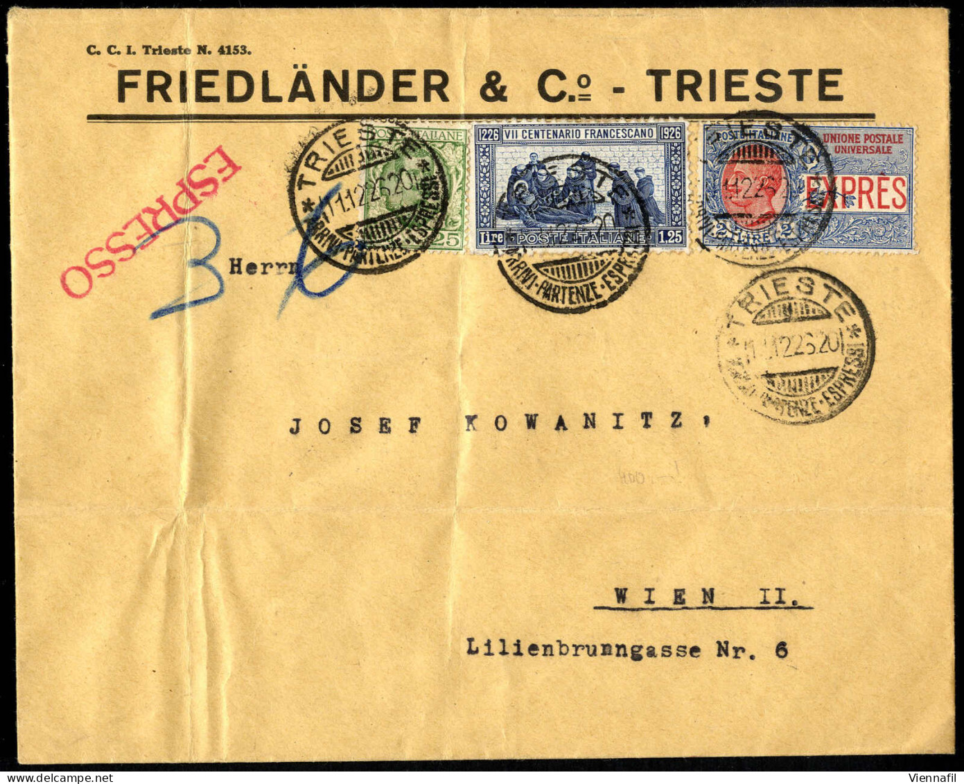 Cover 1926, Lettera Espresso Da Trieste Il 11.12 Per Wien (Austria) Affrancata Con Floreale 25 C., Francesco 1,25 L. Den - Autres & Non Classés