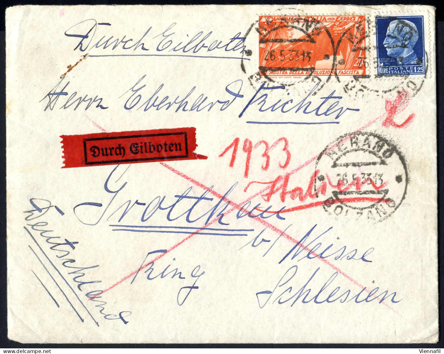 Cover 1933, Lettera Espresso Del 26.5.1933 Da Merano (Bolzano) A Grottkau (Schlesien, Germania), Affrancata Con Imperial - Other & Unclassified