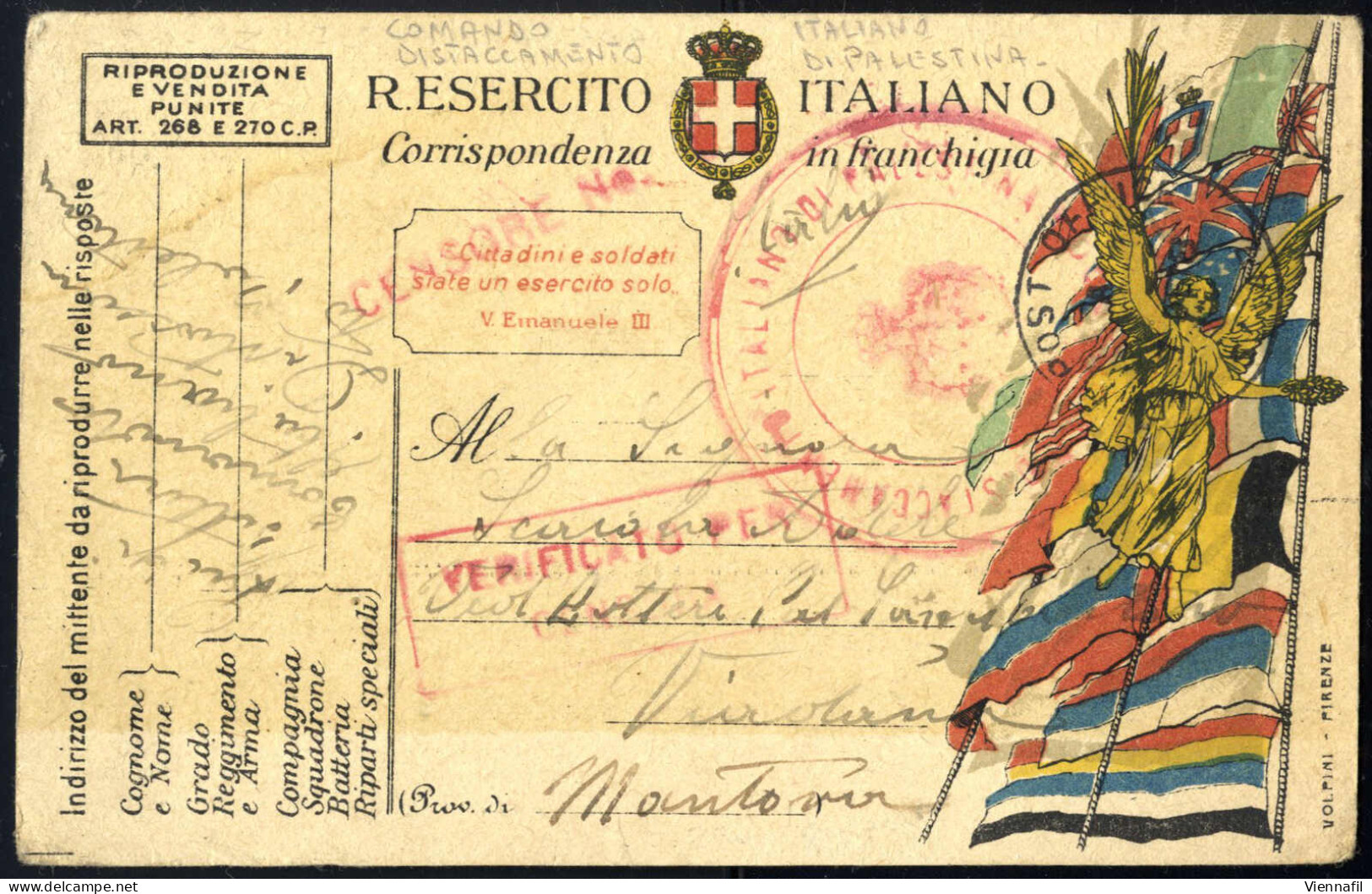 Cover 1918, Cartolina Del R. Esercito Italiano, Corrispondenza In Franchigia, Del 6.12.1918 Da Jaffa (Giaffa) A Viadana  - Andere & Zonder Classificatie