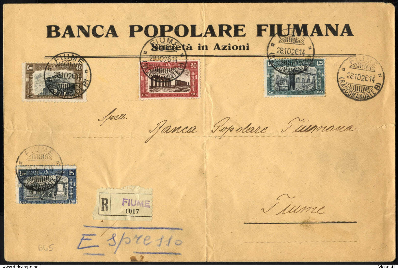 Cover 1926, Lettera Raccomandata Espresso Da Fiume Il 28.10 Per Città Affrancata Con Serie Completa Di 4 Valori Previden - Fiume