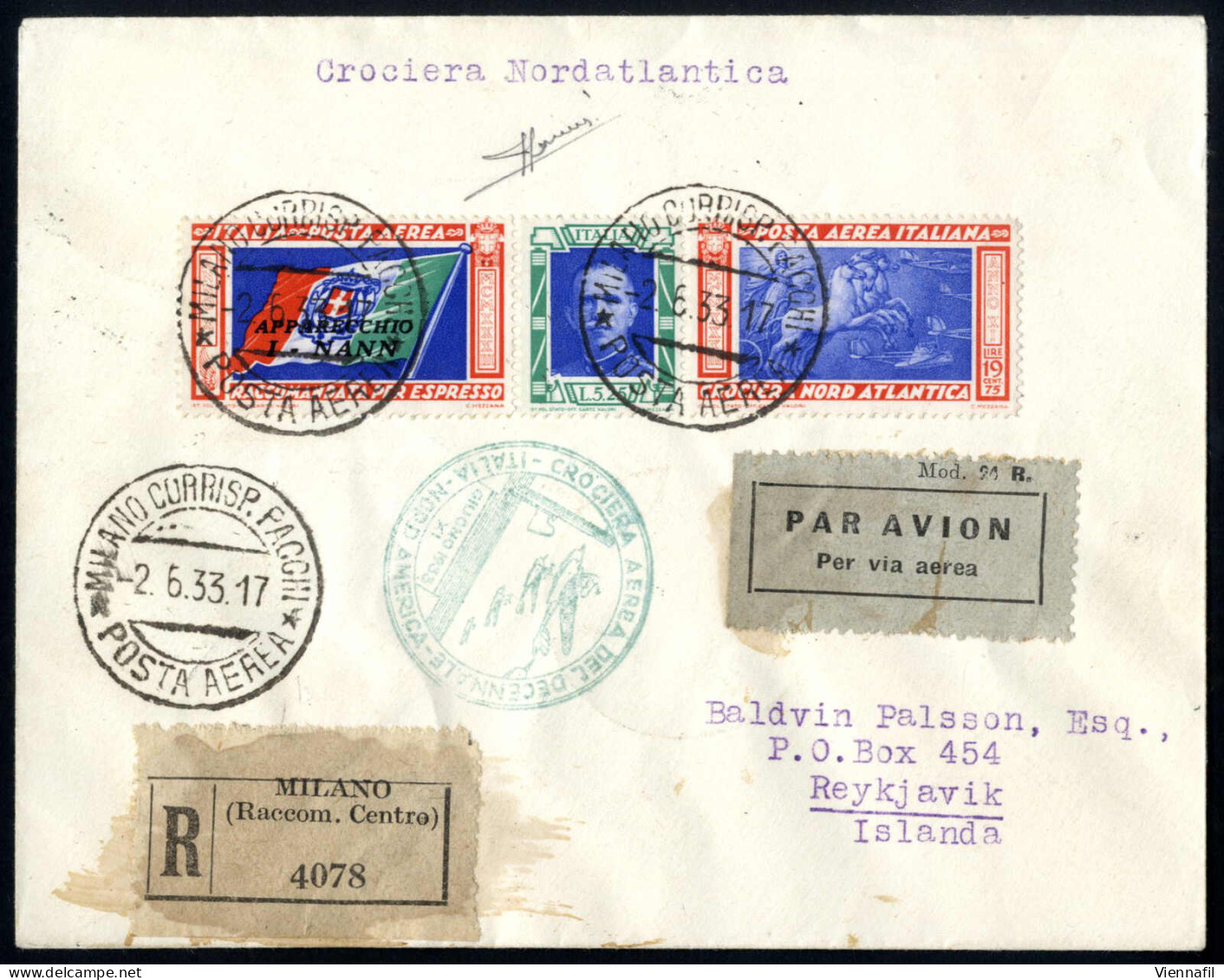 Cover 1933, Crociera Nord-Atlantica, Raccomandata Di Posta Aerea Del 2.6.1933 Da Milano A Reykjavik (Islanda), Affrancat - Sonstige & Ohne Zuordnung