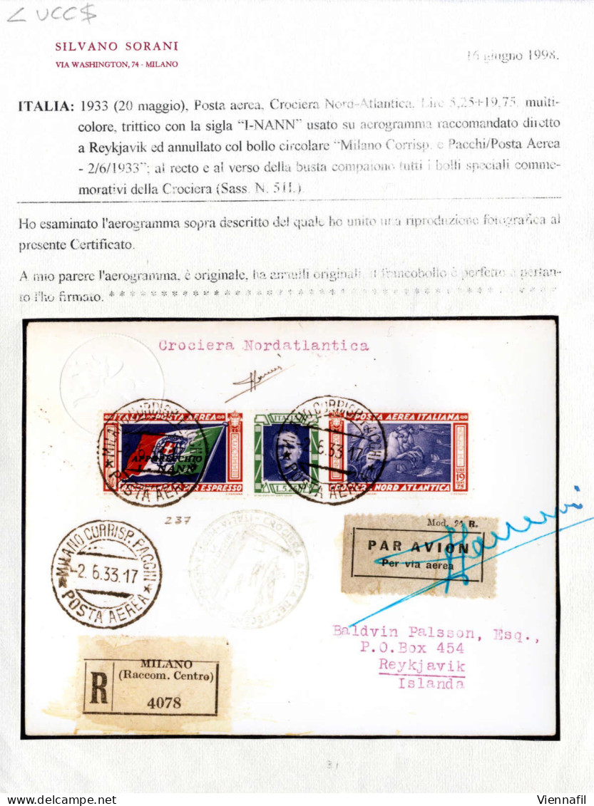 Cover 1933, Crociera Nord-Atlantica, Raccomandata Di Posta Aerea Del 2.6.1933 Da Milano A Reykjavik (Islanda), Affrancat - Autres & Non Classés