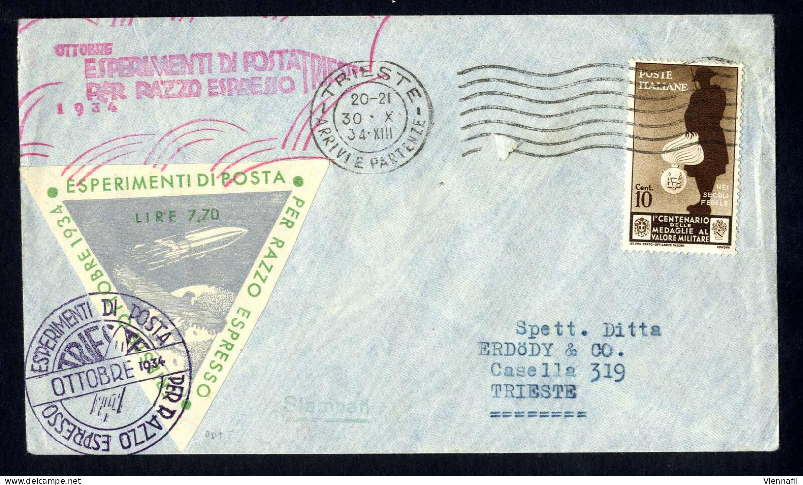 Cover 1934, Lettera Del Esperimento Di Posta Per Razzo Espresso Vignetta Verde E 10 C. "Valore Militare" Da Trieste Il 3 - Autres & Non Classés