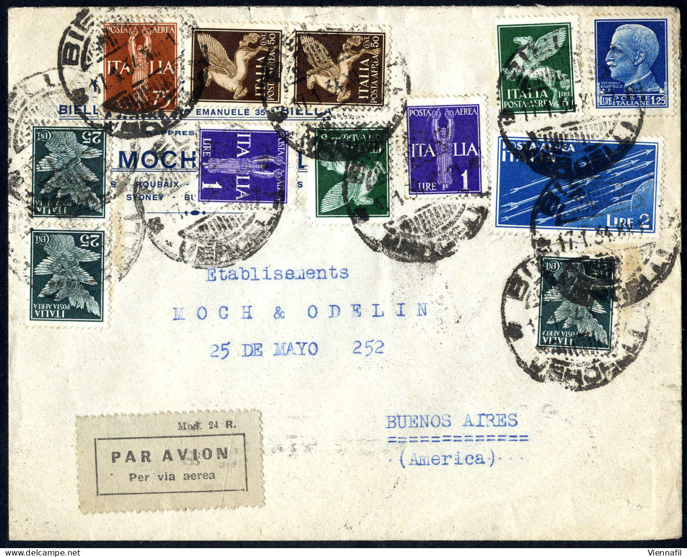Cover 1934, Lettera Di Posta Aerea Da 5 A 10 Gr. Del 17.1.1934 Da Biella Via Torino, Ventimiglia E Marseille A Buenos Ai - Other & Unclassified