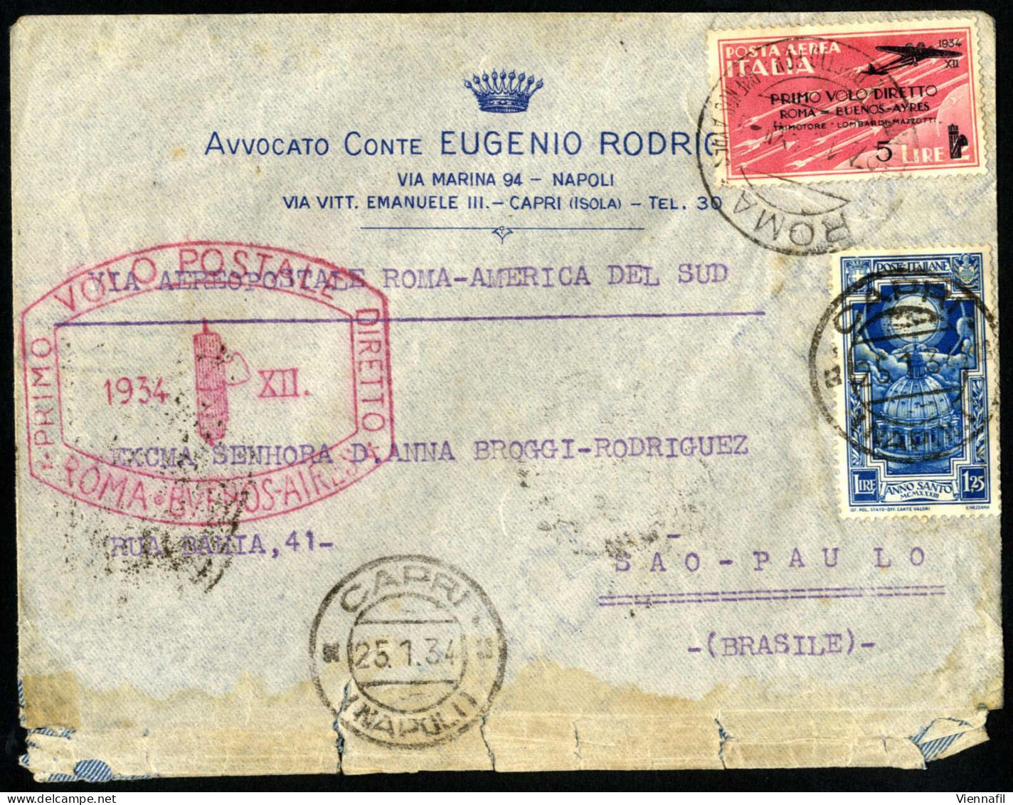 Cover 1934, Lotto Di Tre Aerogrammi (due Da Roma Ed Una Da Capri) Affrancati Con I Francobolli Della Serie "PRIMO VOLO D - Andere & Zonder Classificatie