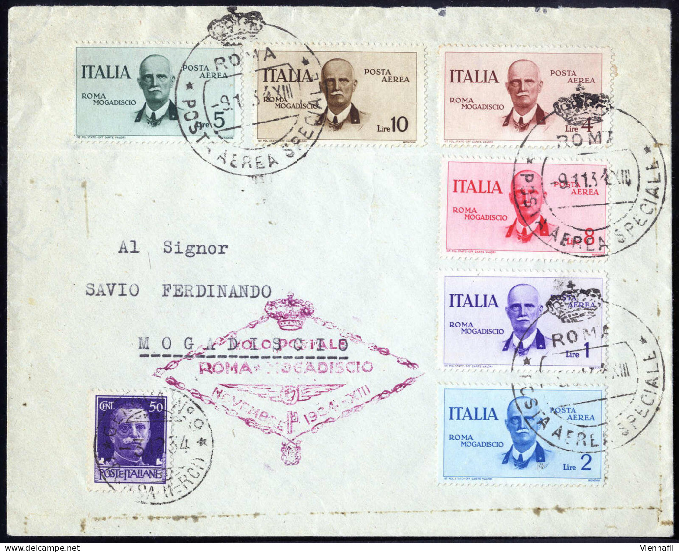 Cover 1934, Volo Roma-Mogadiscio, Lettera Aerea Da Roma Il 9.1 Per Mogadiscio Affrancata Con Serie Completa 6 Valori, Sa - Other & Unclassified
