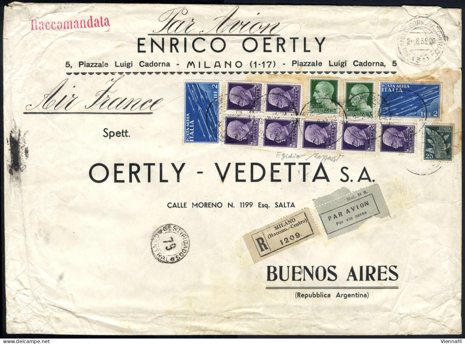 Cover 1935, Busta Raccomandata Di Peso Da 250 A 255 Gr. Del 2.8.1935 Da Milano A Buenos Aires, Trasportata Via Marsiglia - Other & Unclassified