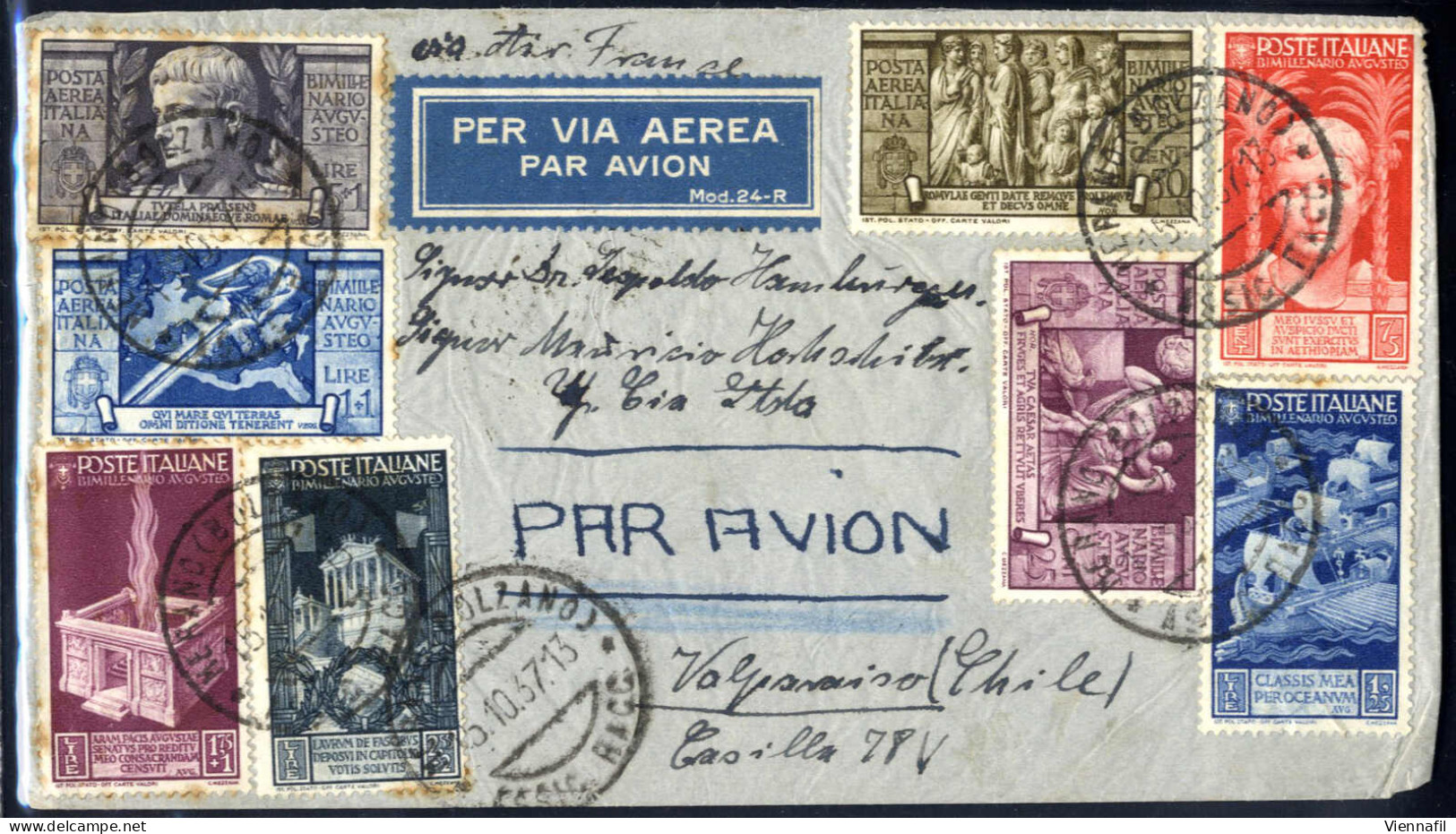 Cover 1937, Lettera Aerea Da Merano Il 15.10 Per Valparaiso (Cile) Affrancata Con Vari Valori Della Serie "Augusto" Tra  - Andere & Zonder Classificatie