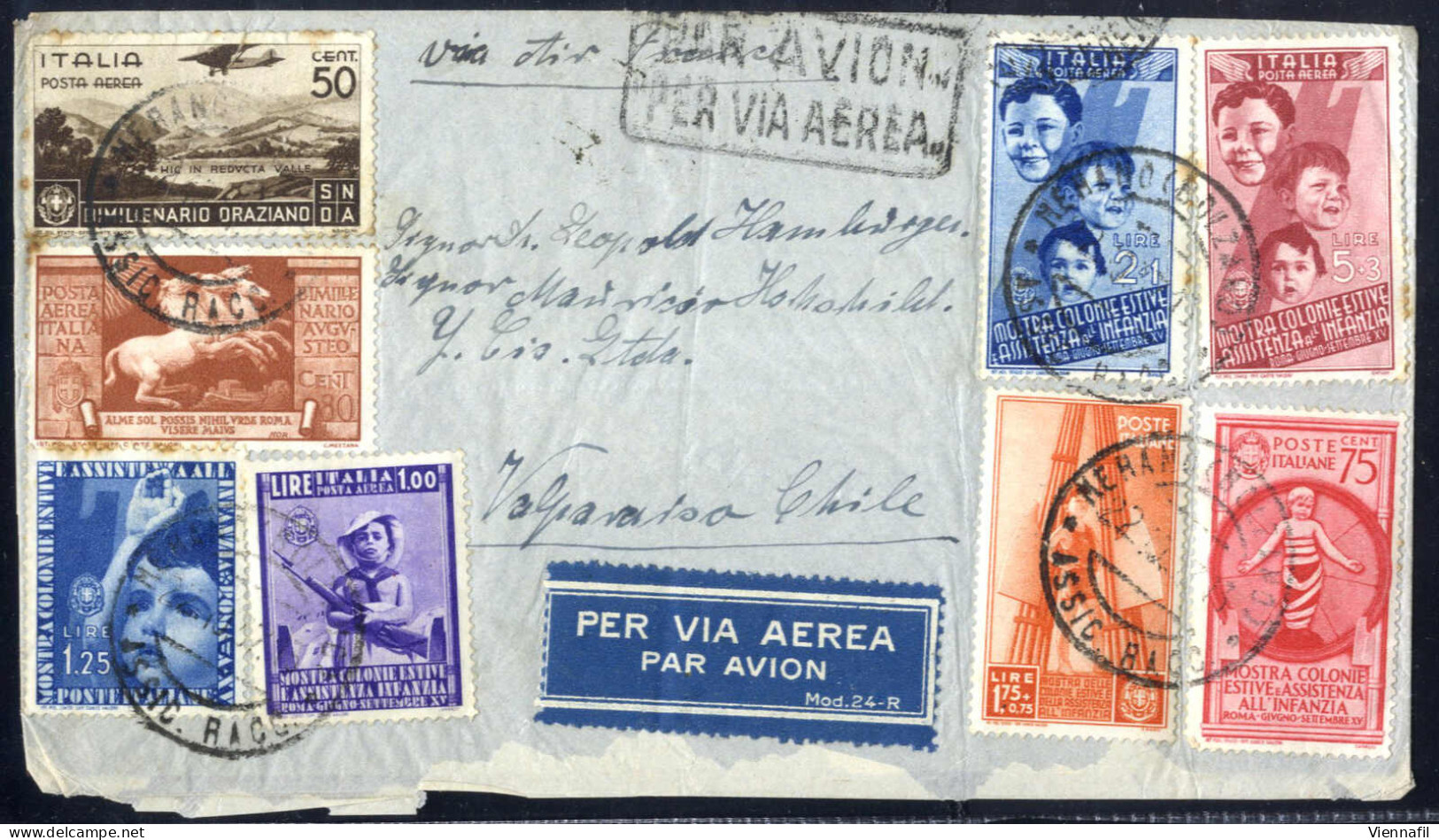 Cover 1937, Lettera Aerea Da Merano Il 22.10 Per Valparaiso (Cile) Affrancata Con Vari Valori Della Serie "Colonie Estiv - Autres & Non Classés