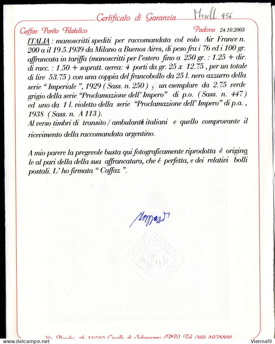 Cover 1939, Manoscritti Raccomandati Di Posta Aerea Da 75 A 100 Gr. Del 19.5.1939 Da Milano Via Ventimiglia E Marseille  - Andere & Zonder Classificatie