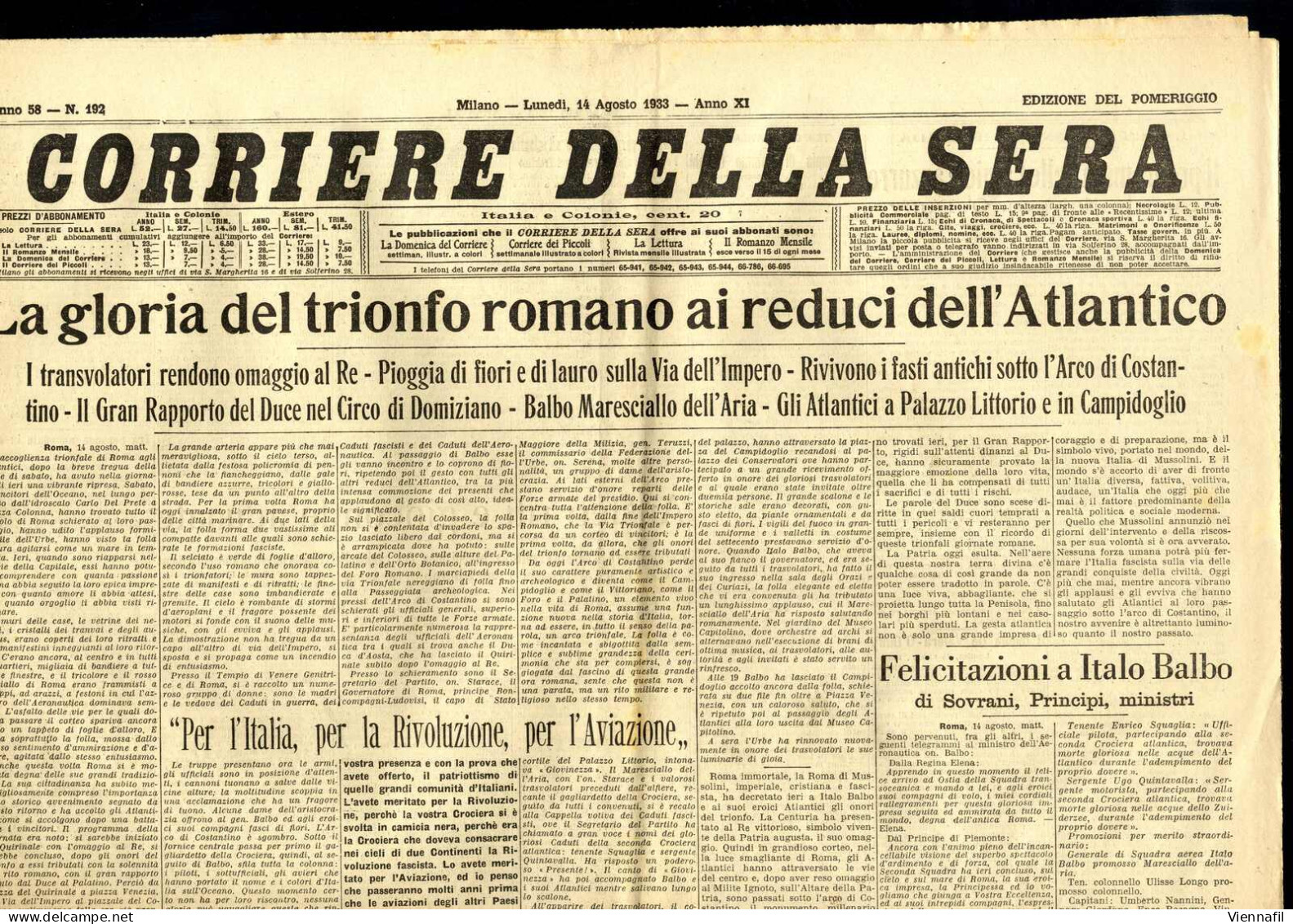 Cover 1933, 13 Giornali "Corriere Della Sera" E Un Supplemento Al "Il Secolo Illustrato", Tutti Con Interessanti Articol - Unclassified