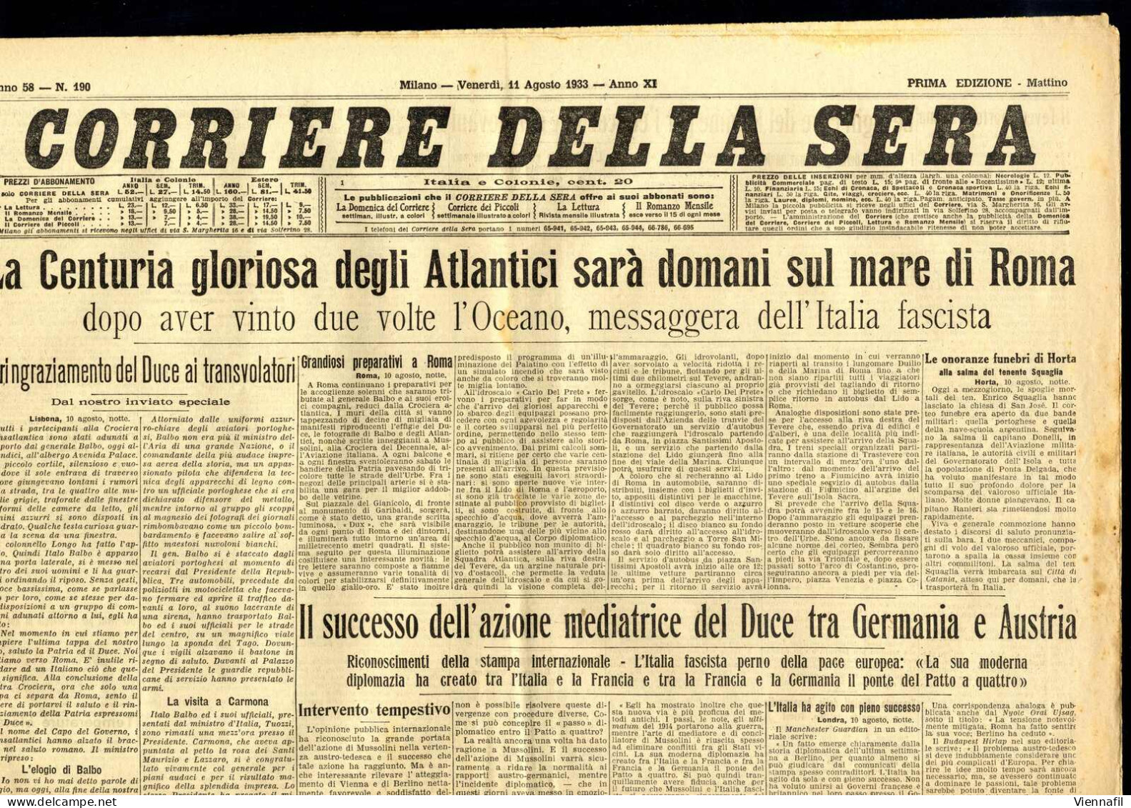 Cover 1933, 13 Giornali "Corriere Della Sera" E Un Supplemento Al "Il Secolo Illustrato", Tutti Con Interessanti Articol - Unclassified