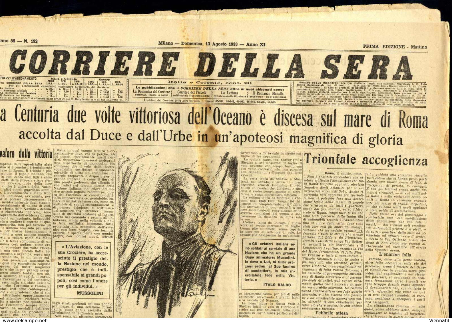 Cover 1933, 13 Giornali "Corriere Della Sera" E Un Supplemento Al "Il Secolo Illustrato", Tutti Con Interessanti Articol - Unclassified