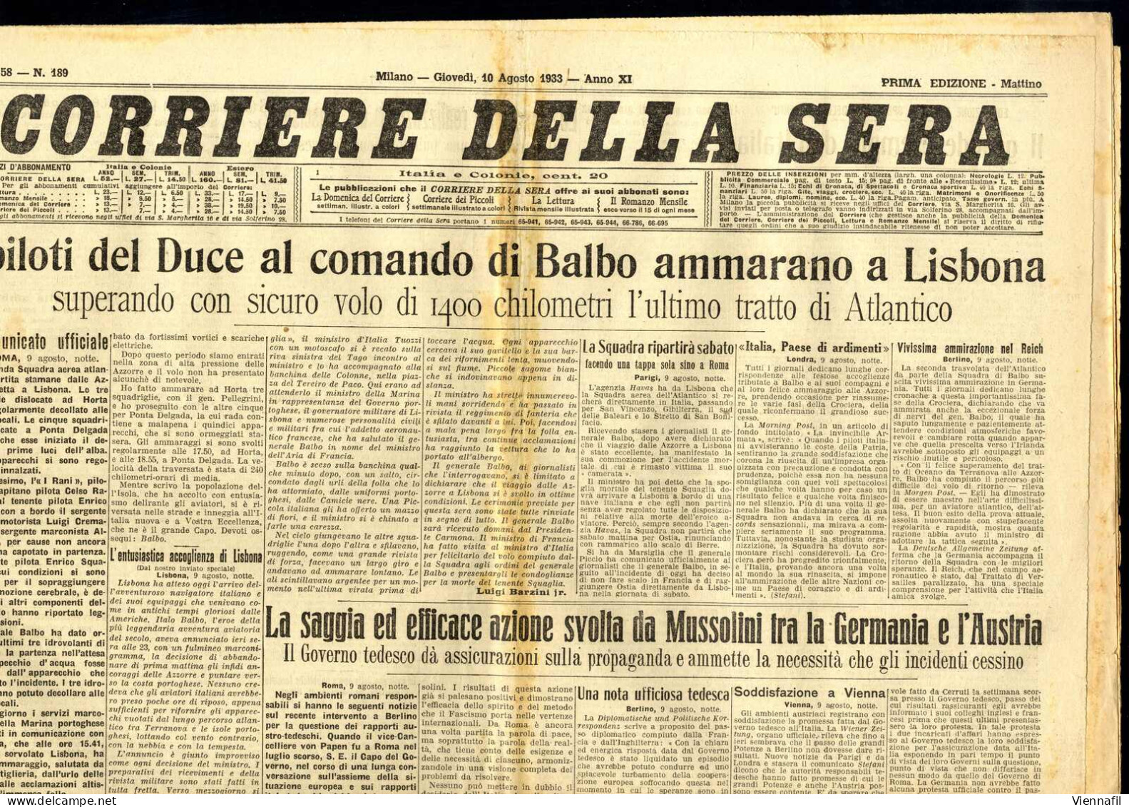 cover 1933, 13 giornali "Corriere della Sera" e un supplemento al "Il Secolo Illustrato", tutti con interessanti articol