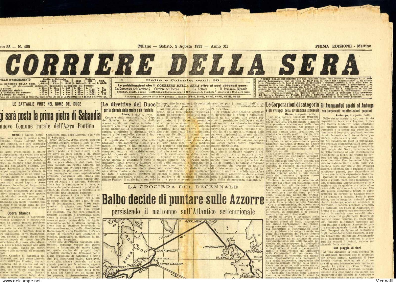 cover 1933, 13 giornali "Corriere della Sera" e un supplemento al "Il Secolo Illustrato", tutti con interessanti articol